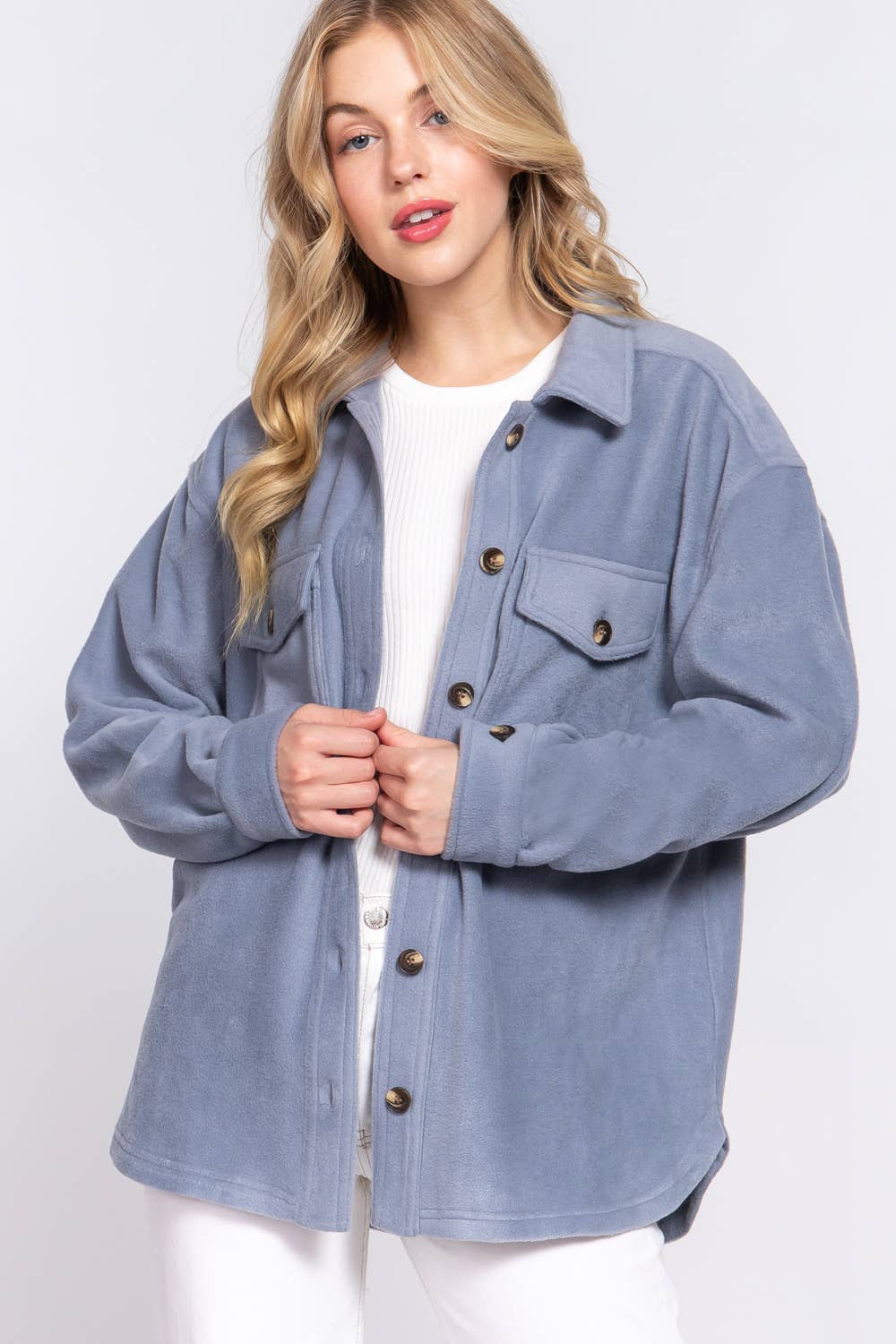 Long Sleeve Notched Collar Front Pocket Fleece Jacket
