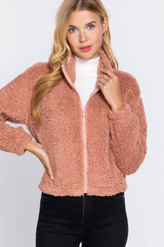 Long Sleeve Mock Neck Faux Fur Zip-up Jacket