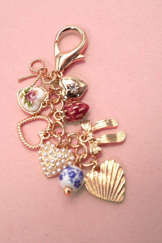 PORCELAIN BOWS HEARTS PEARL STRAWBERRY BAG CHARM | 80K008