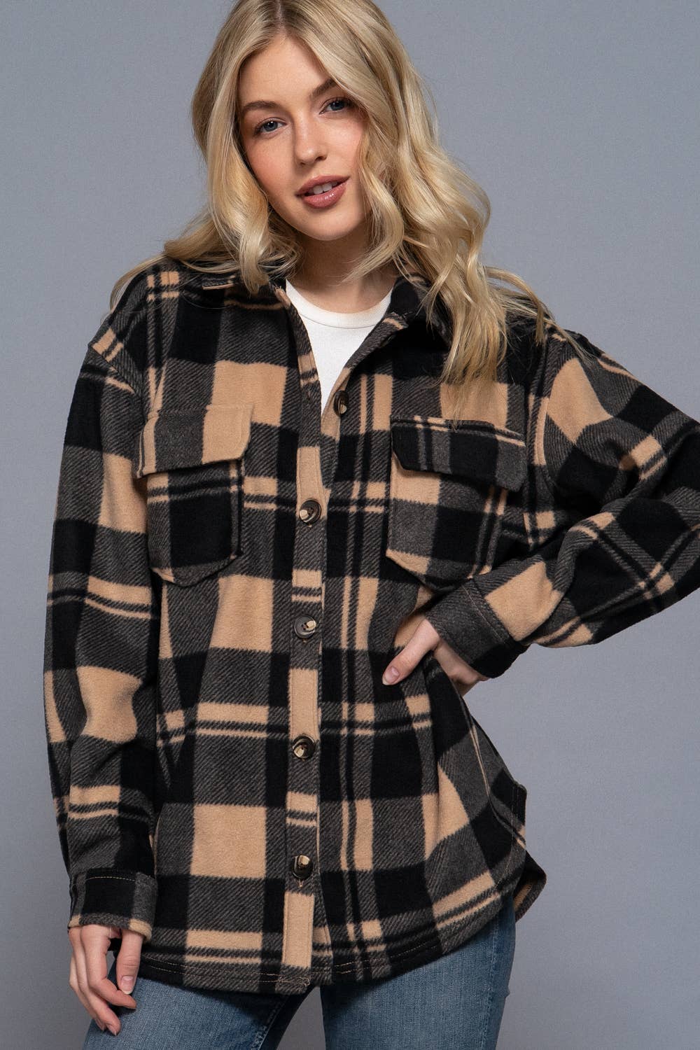 Long Sleeve Check Printed Fleece Shacket