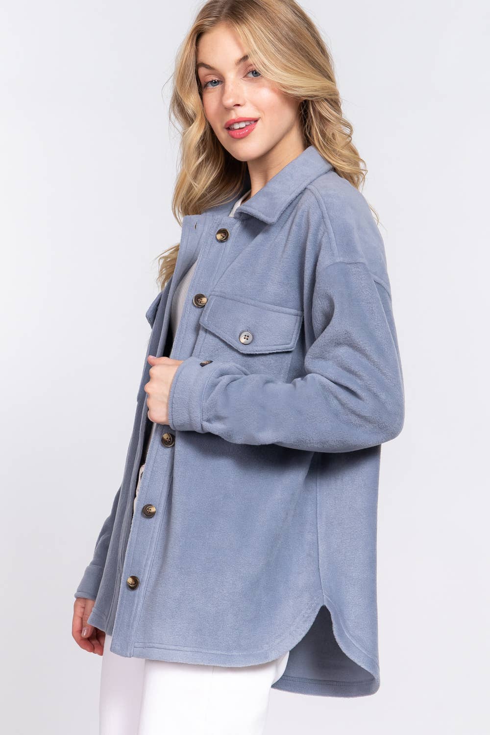 Long Sleeve Notched Collar Front Pocket Fleece Jacket