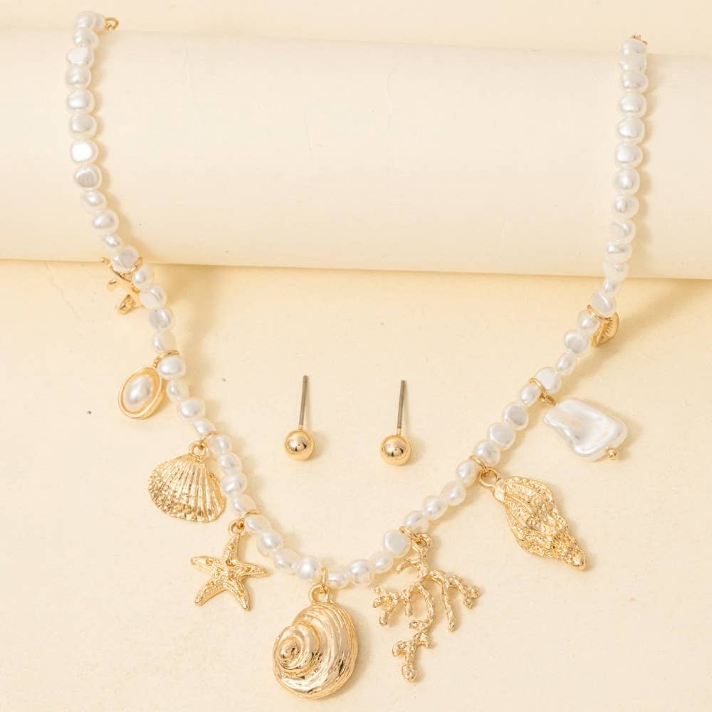 Sea Life Charms Pearl Beaded And Chain Necklace Set