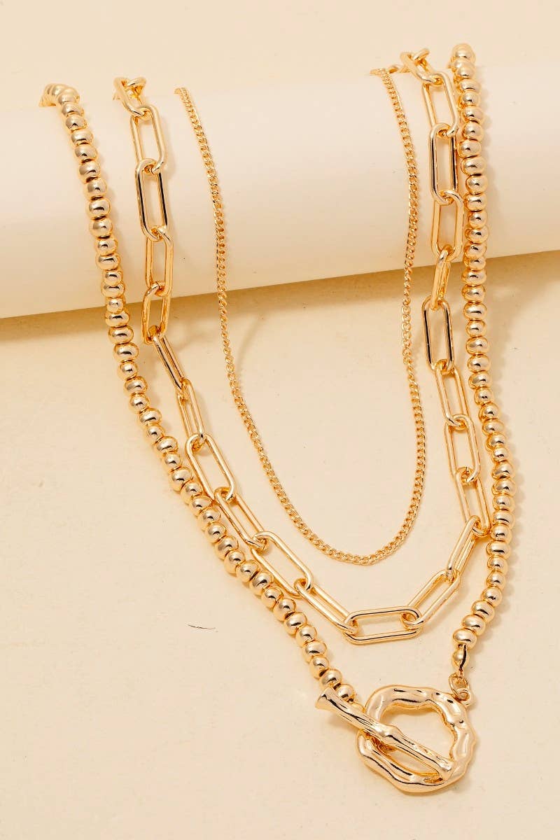 Warped Hoop Pendant Beaded And Chain Layered Necklace