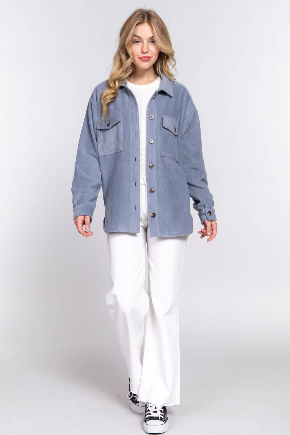 Long Sleeve Notched Collar Front Pocket Fleece Jacket