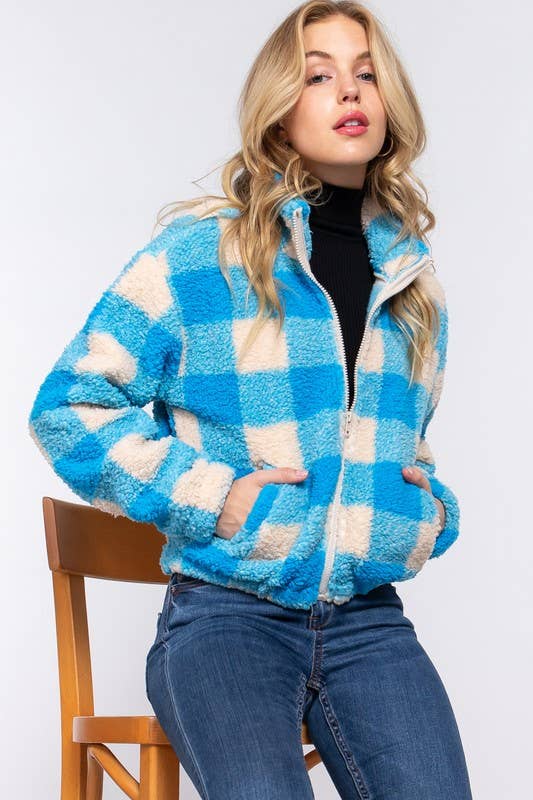 Long Sleeve Mock Neck Argyle Print Faux Fur Jacket