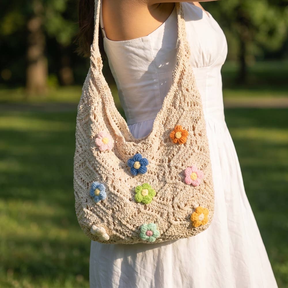 Floral Crochet Knit Cotton Shoulder Bag