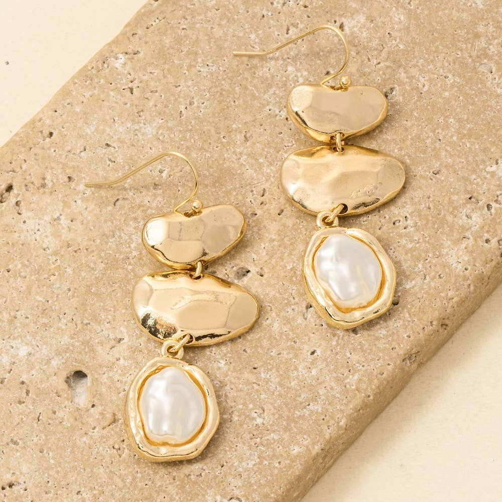Warped Oval And Pearl Link Dangle Earrings