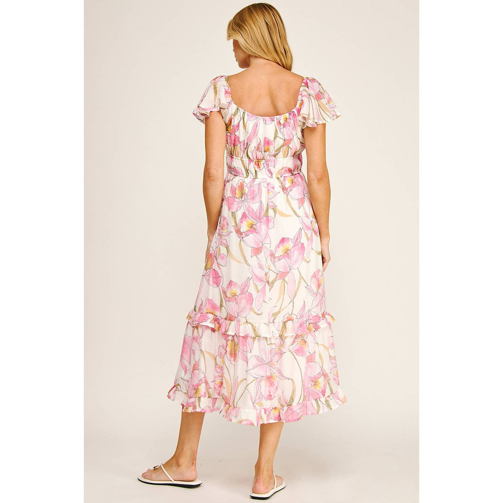 FLUTTER SLEEVE FLORAL TIERED MIDI DRESS