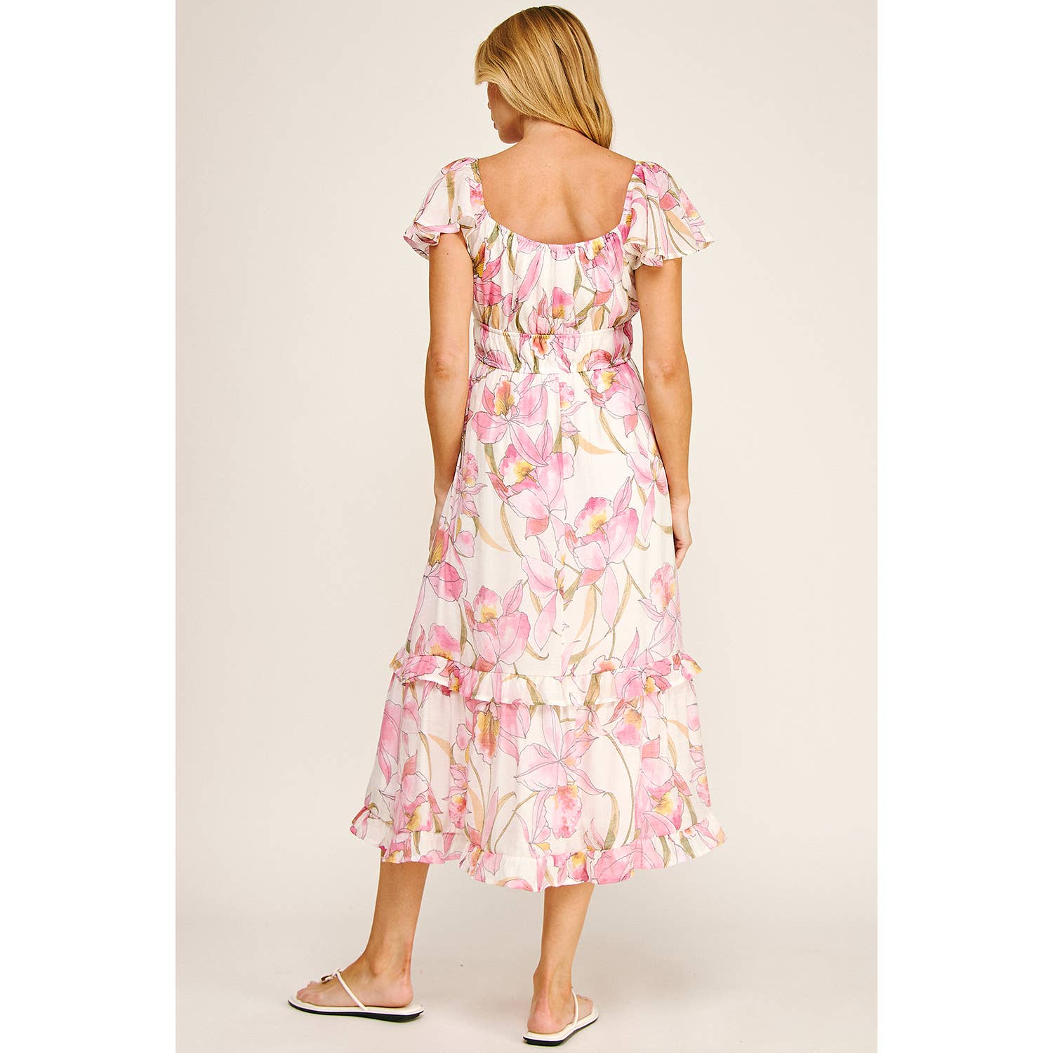 FLUTTER SLEEVE FLORAL TIERED MIDI DRESS
