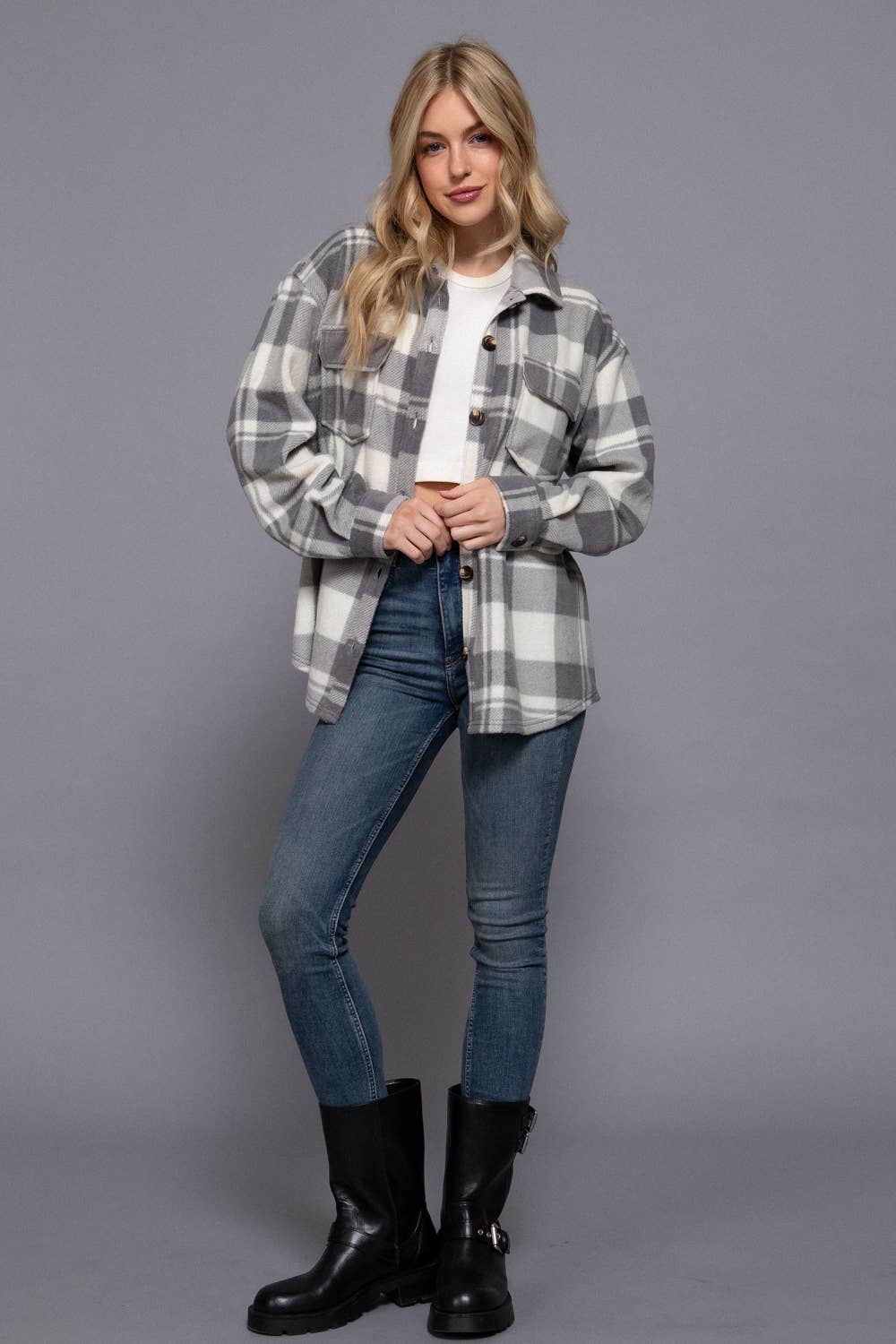 Long Sleeve Check Printed Fleece Shacket