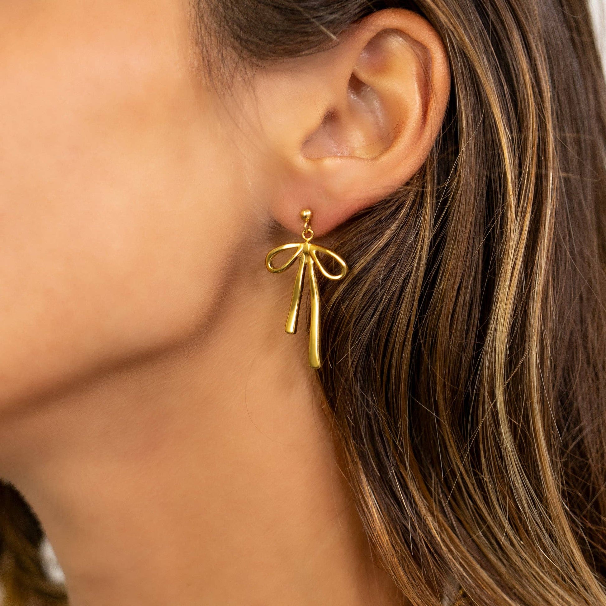 18K Gold PVD Stainless Steel Ribbon Bow Earrings
