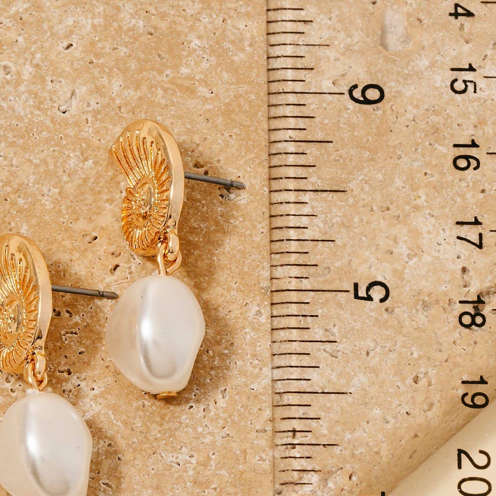Metallic Sea Shell And Pearl Bead Charm Dangle Earrings