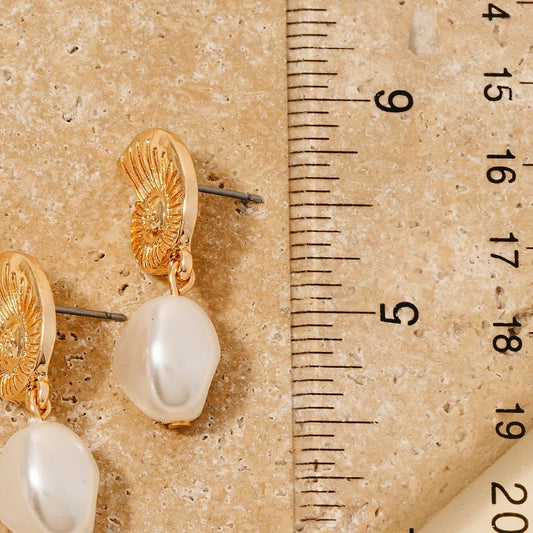 Metallic Sea Shell And Pearl Bead Charm Dangle Earrings