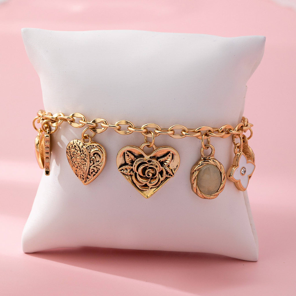 Gold Charm Bracelet with Hearts & Flowers | 80B1652