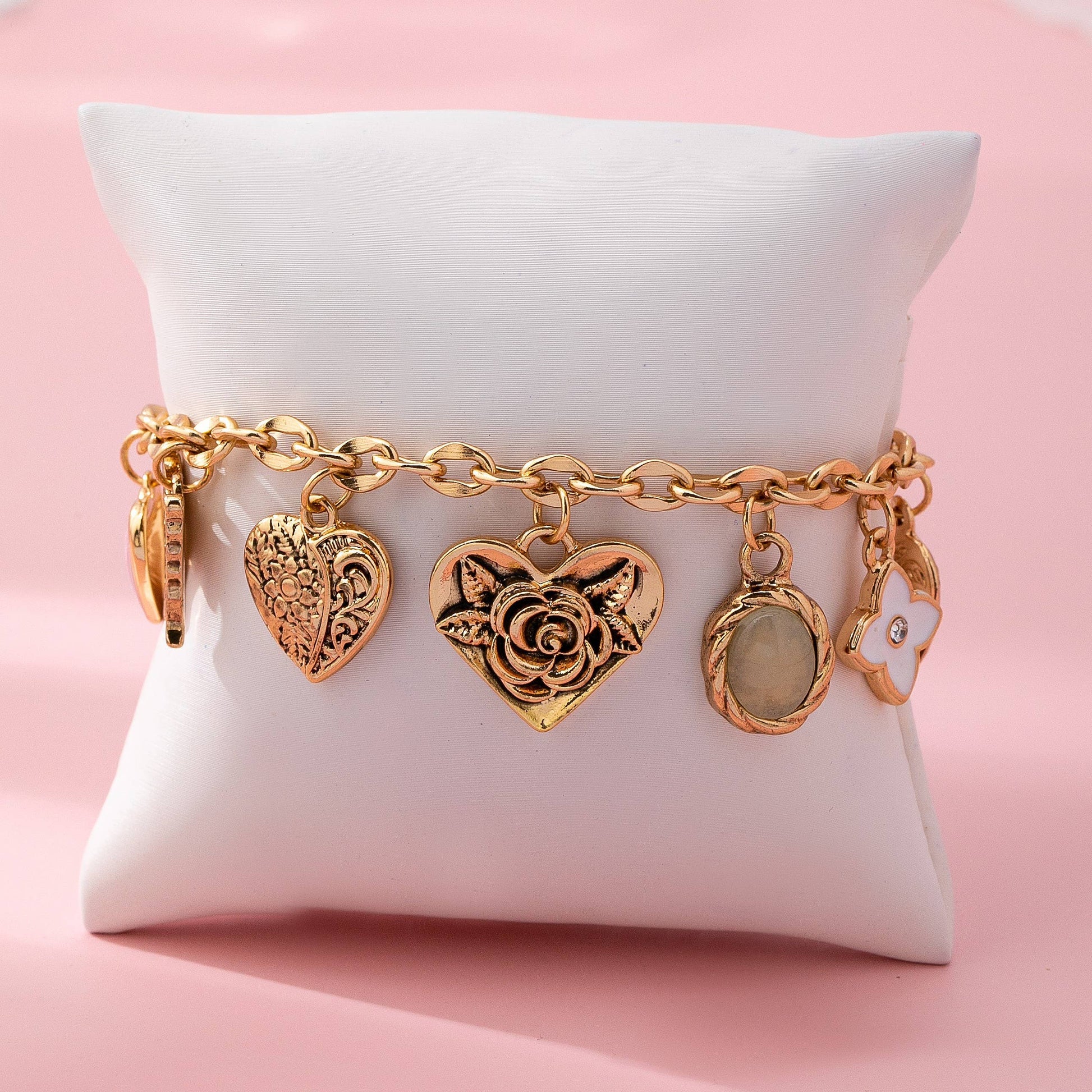 Gold Charm Bracelet with Hearts & Flowers | 80B1652