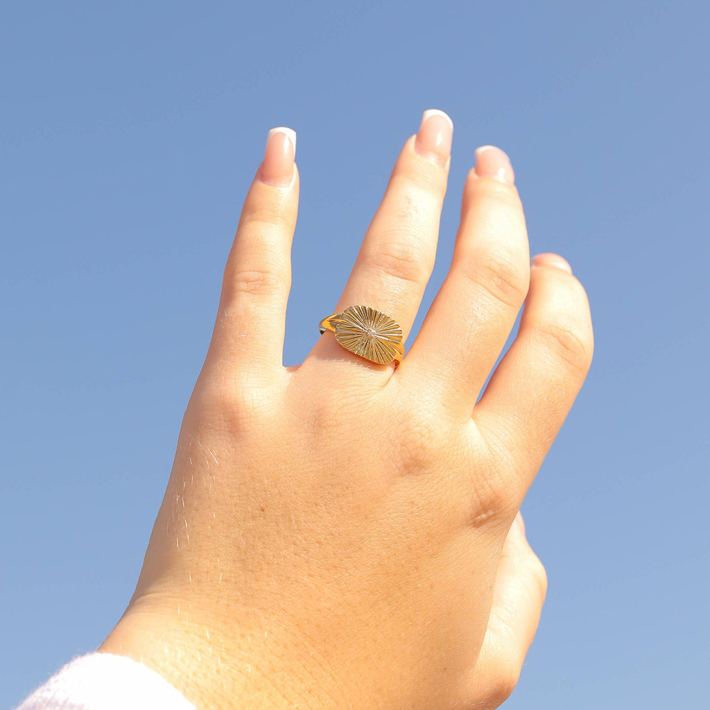 Gold Stainless Steel Cubic Zirconia Sunburst Rectangle Ring