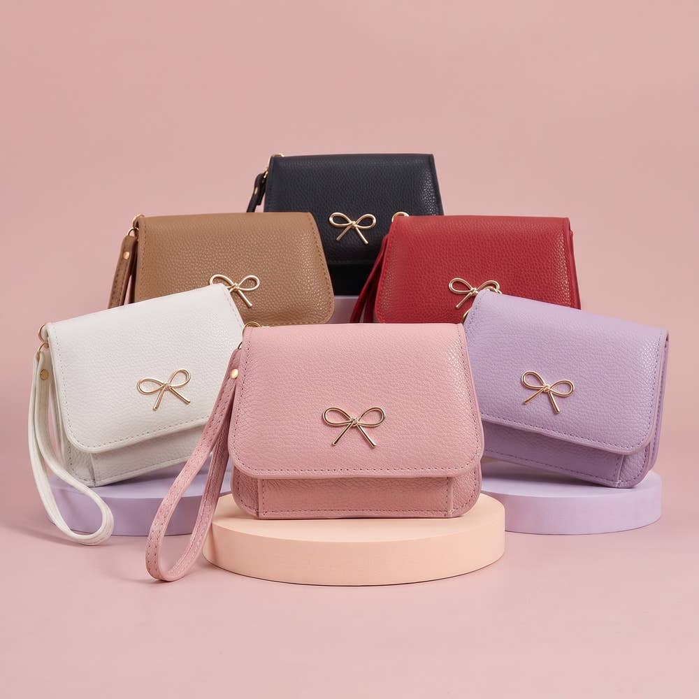 Bow Charm Vegan Leather Flap Wristlet