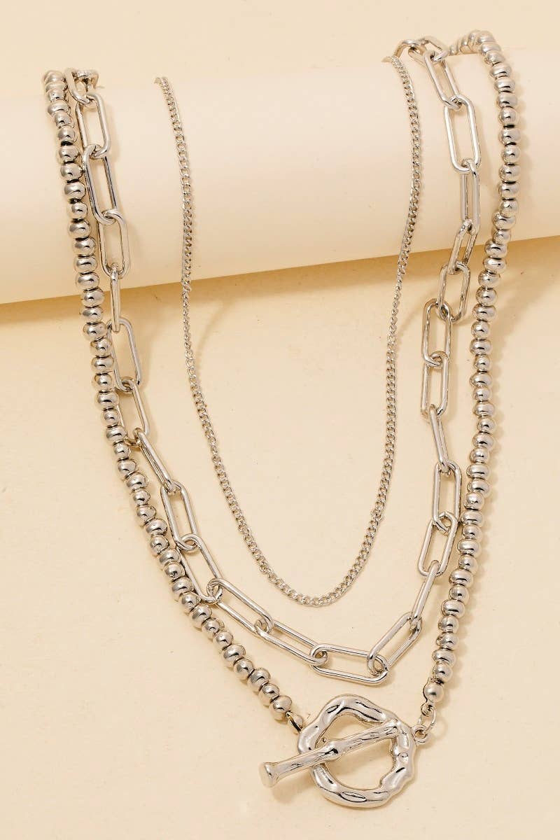 Warped Hoop Pendant Beaded And Chain Layered Necklace