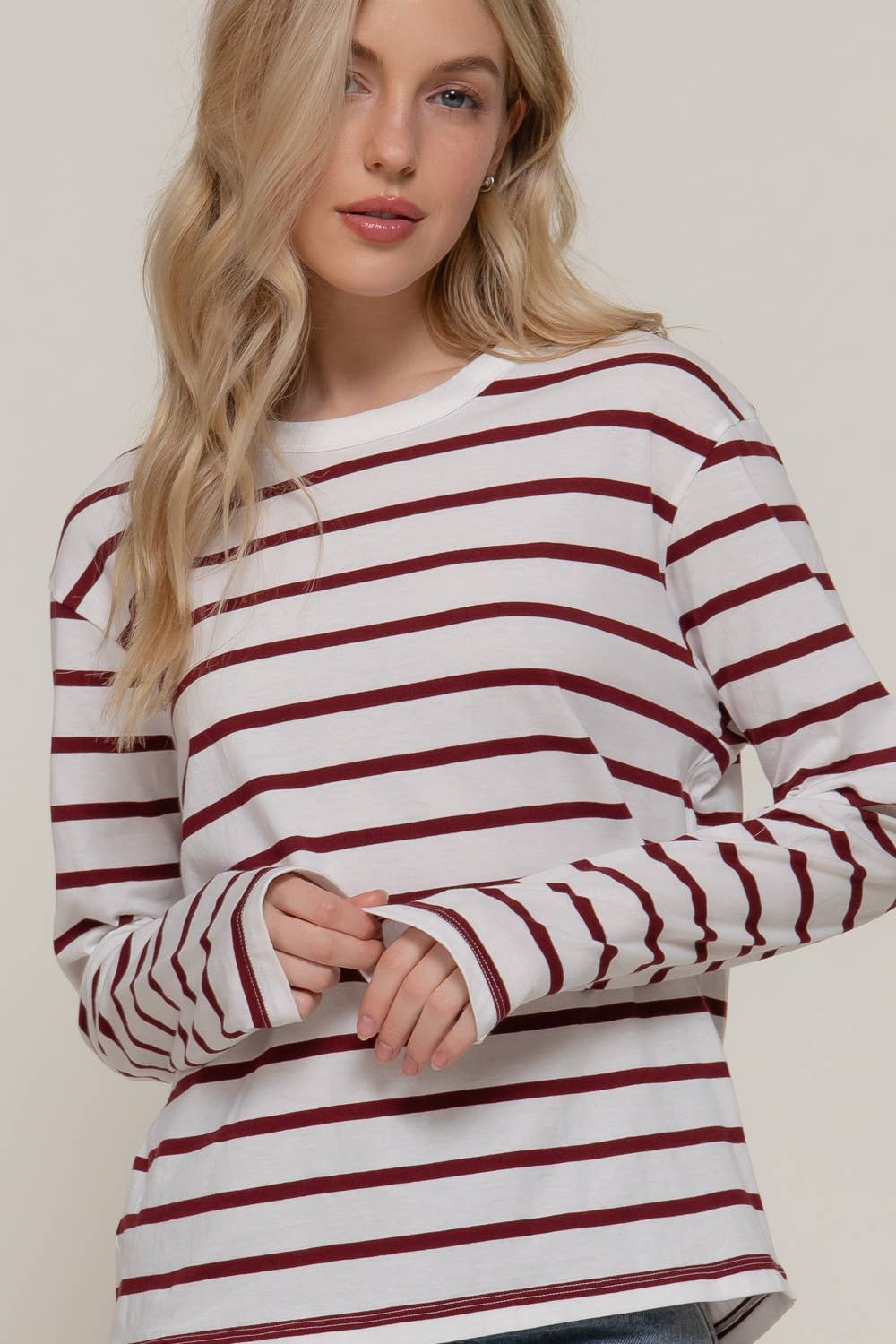 Long Sleeve Round Neck Neck Y/D Stripe Tee