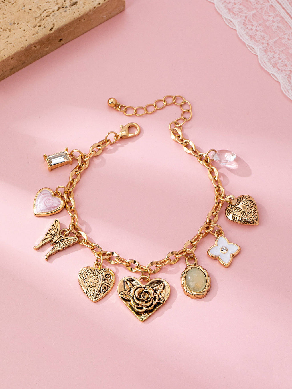 Gold Charm Bracelet with Hearts & Flowers | 80B1652