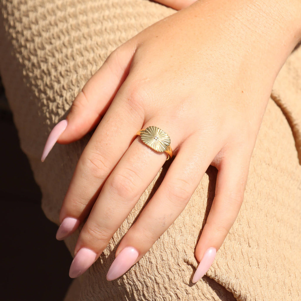 Gold Stainless Steel Cubic Zirconia Sunburst Rectangle Ring