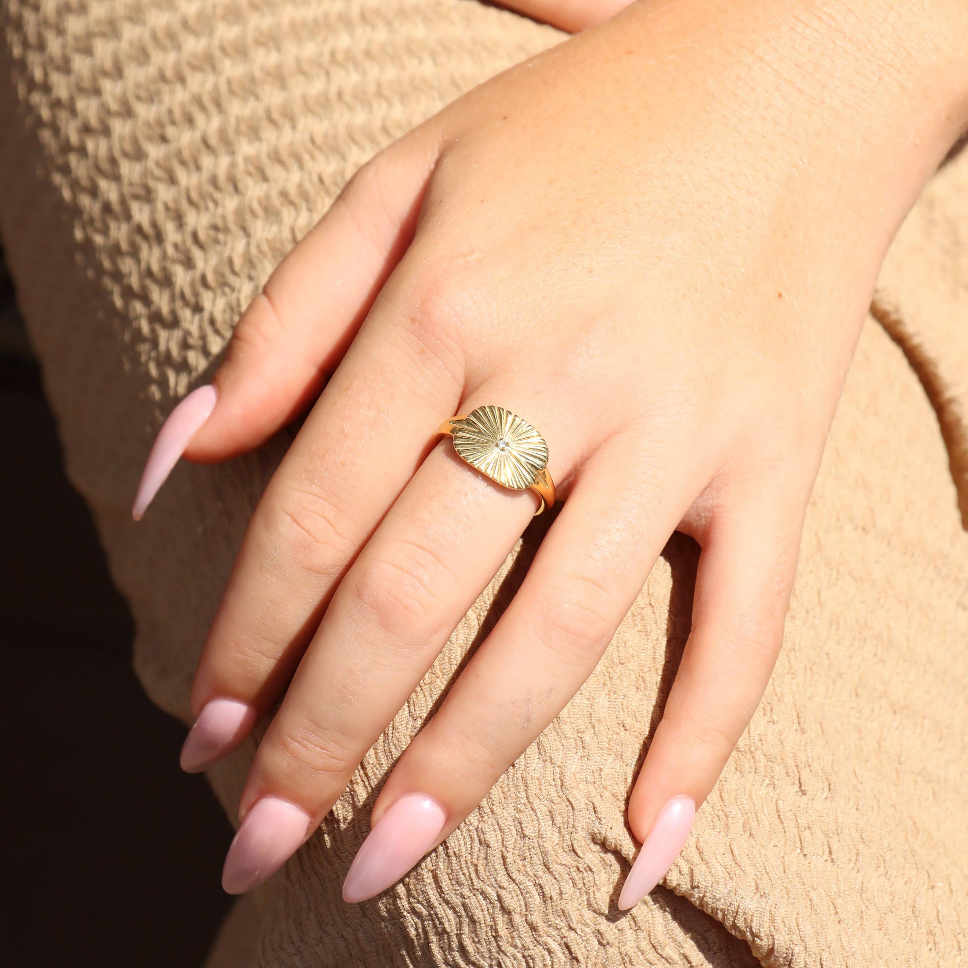 Gold Stainless Steel Cubic Zirconia Sunburst Rectangle Ring