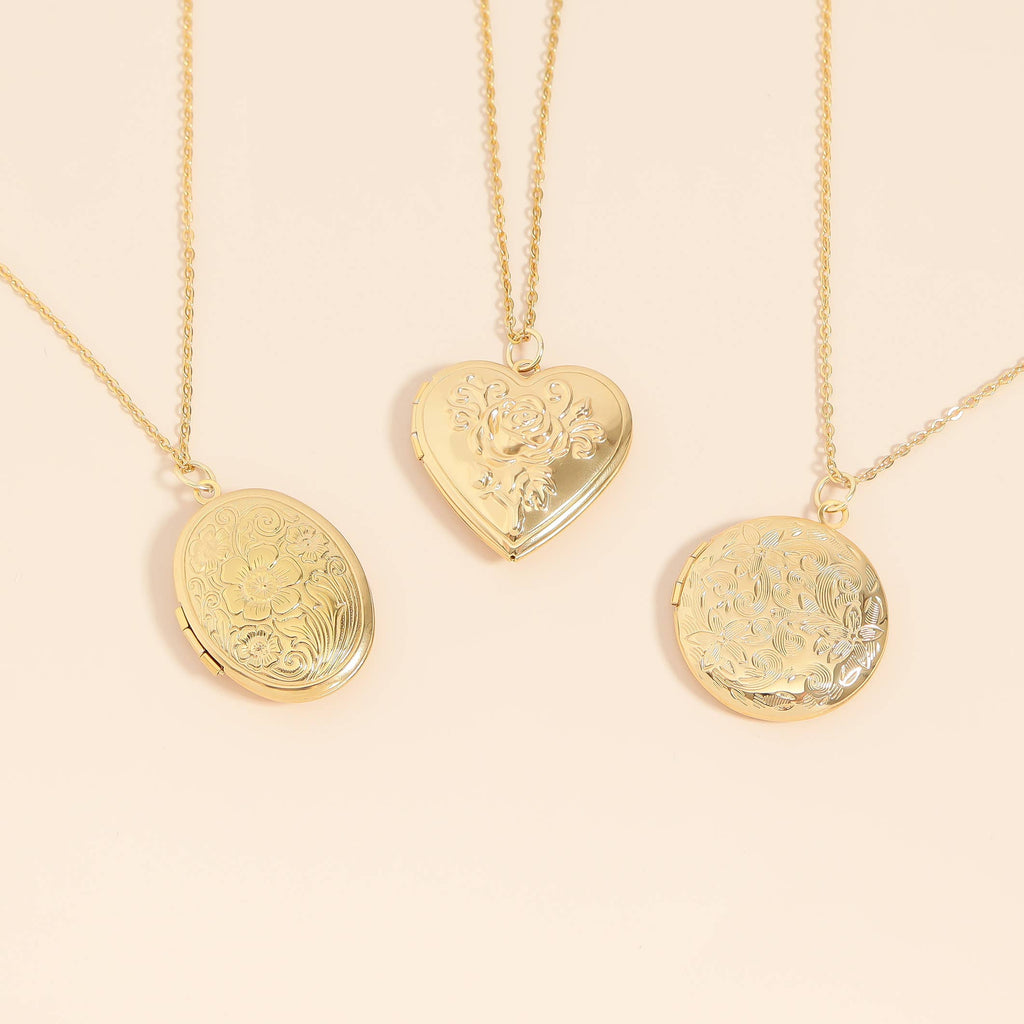 18K Gold PVD Stainless Steel Round Floral Textured Locket