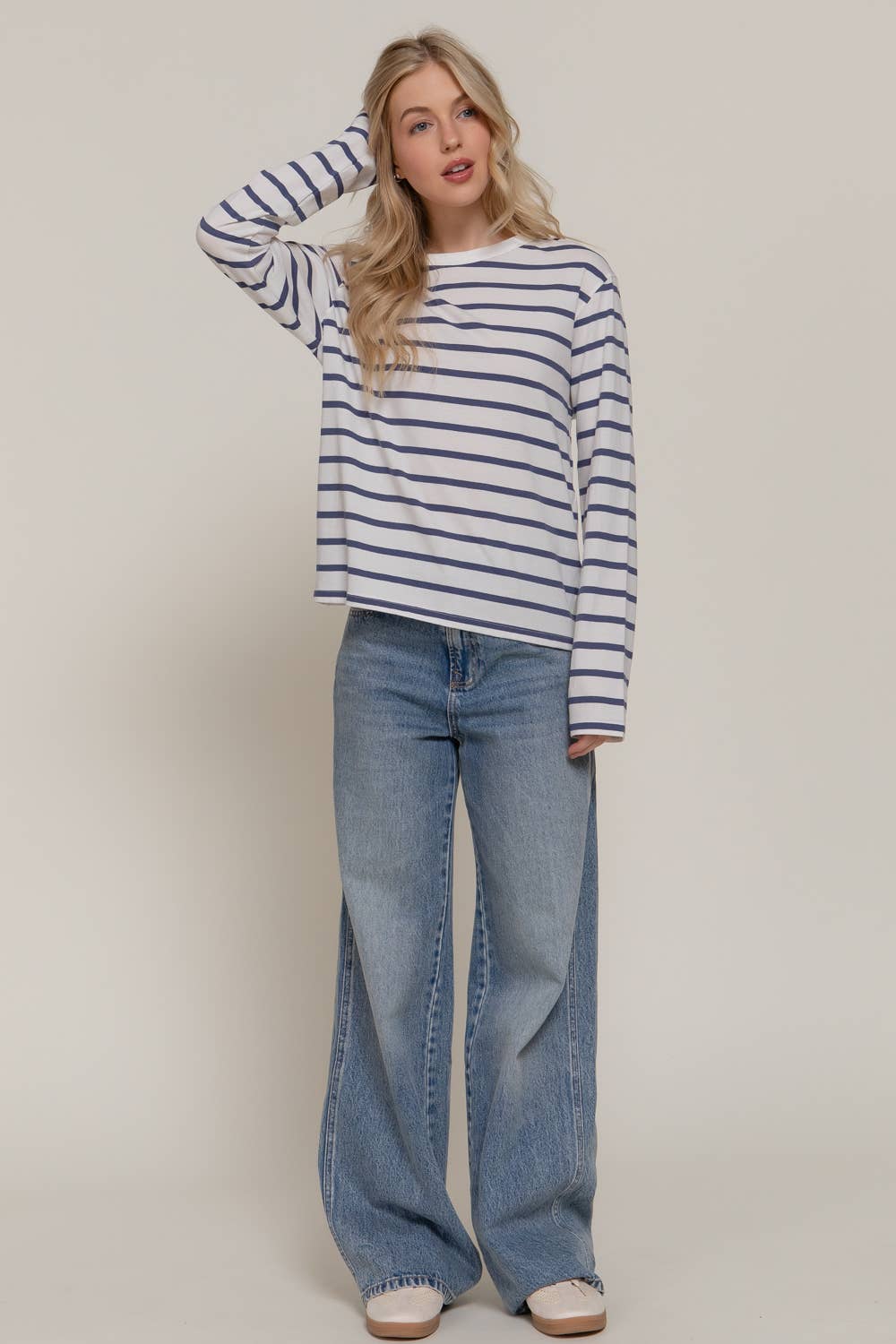 Long Sleeve Round Neck Neck Y/D Stripe Tee
