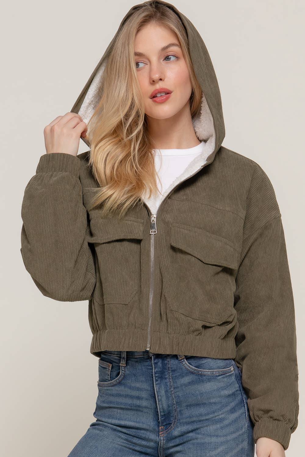 Long Sleeve Hoodie Inside Fur Corduroy Zip Up Jacket