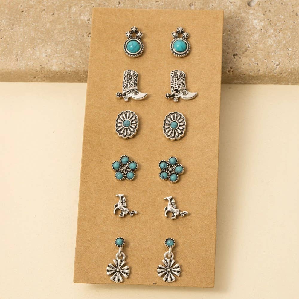 Assorted Six Pair Western Stud Earrings Set