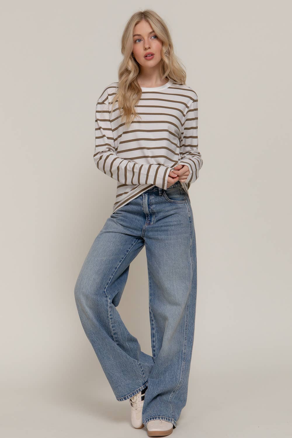 Long Sleeve Round Neck Neck Y/D Stripe Tee