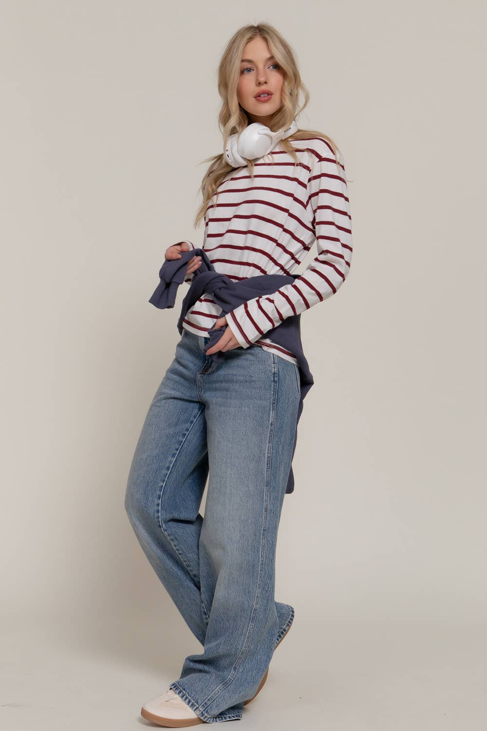 Long Sleeve Round Neck Neck Y/D Stripe Tee