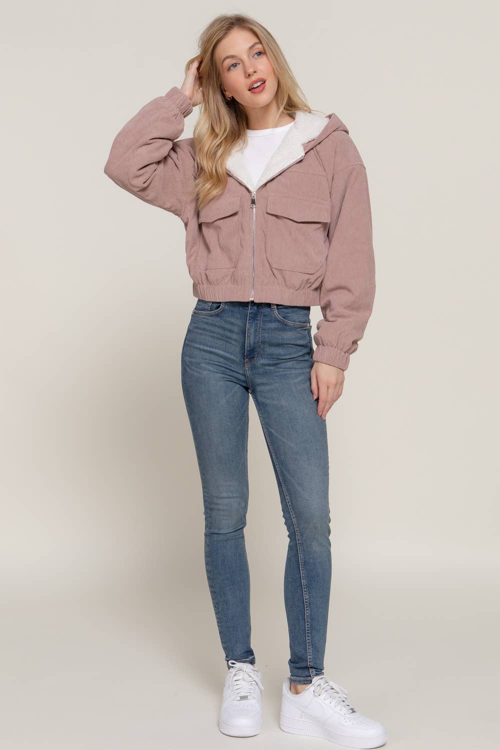 Long Sleeve Hoodie Inside Fur Corduroy Zip Up Jacket