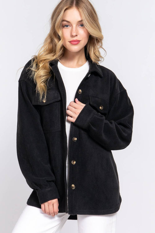 Long Sleeve Notched Collar Front Pocket Fleece Jacket