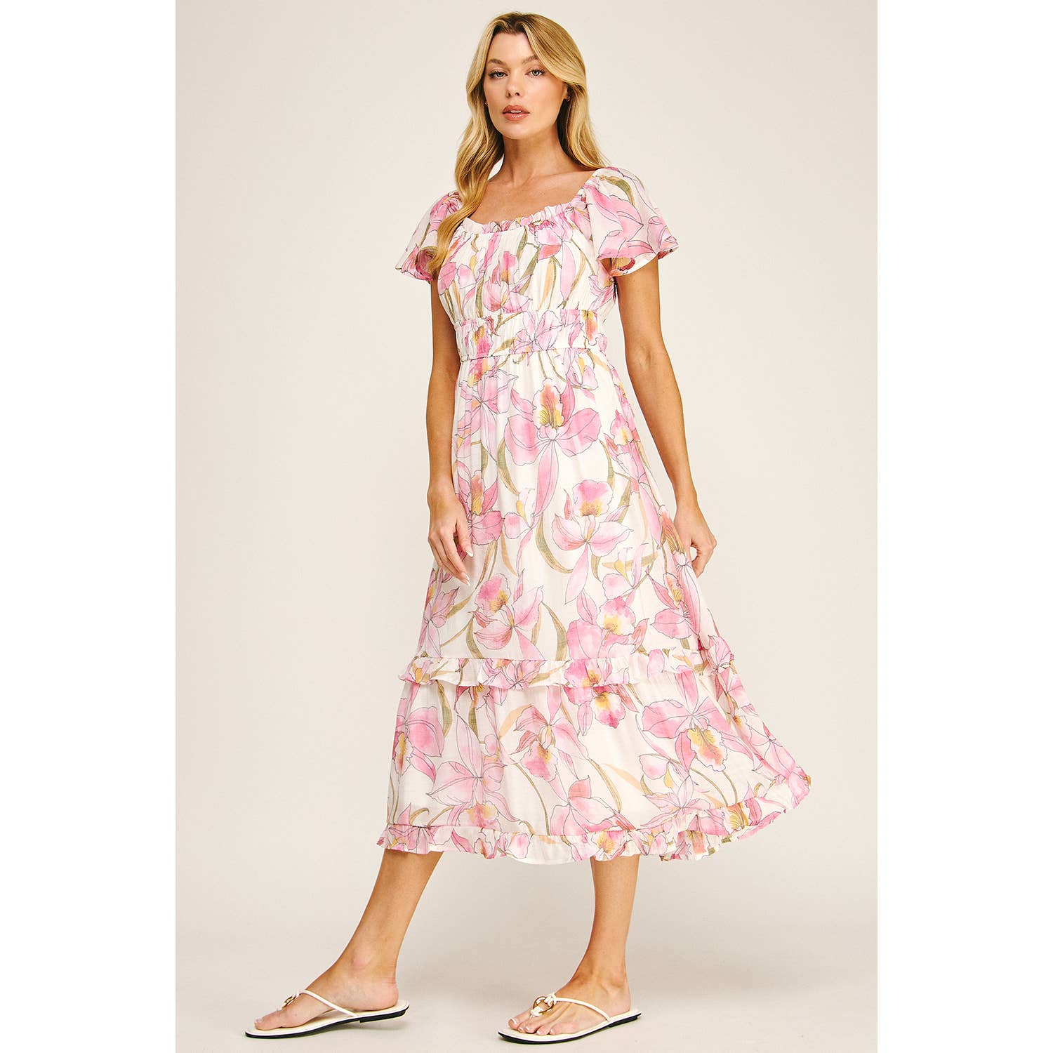 FLUTTER SLEEVE FLORAL TIERED MIDI DRESS