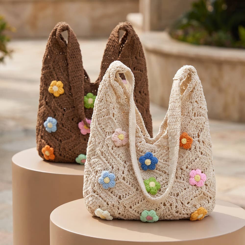 Floral Crochet Knit Cotton Shoulder Bag