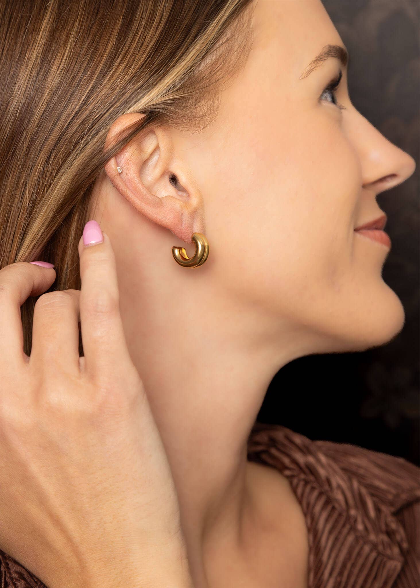 18K Gold Stainless Steel Double Hoop Stud Huggie Earrings