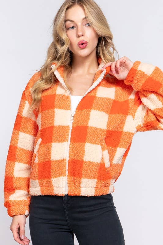 Long Sleeve Mock Neck Argyle Print Faux Fur Jacket