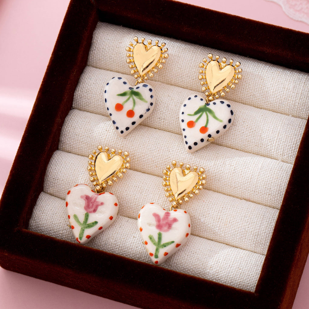 Cherry Heart Ceramic Drop Earrings | 80E61701