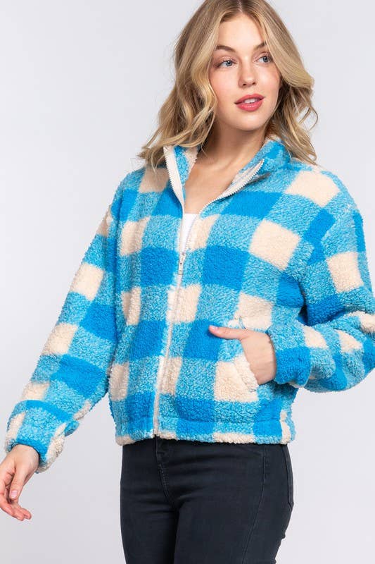 Long Sleeve Mock Neck Argyle Print Faux Fur Jacket