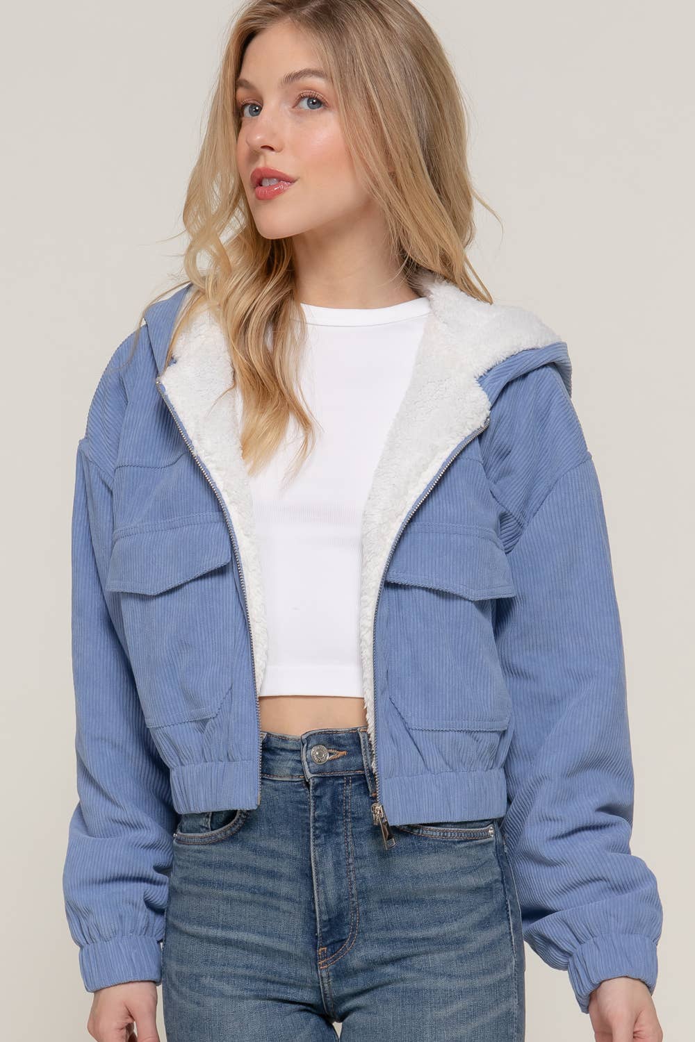 Long Sleeve Hoodie Inside Fur Corduroy Zip Up Jacket