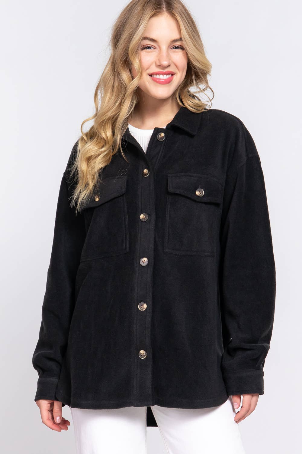 Long Sleeve Notched Collar Front Pocket Fleece Jacket