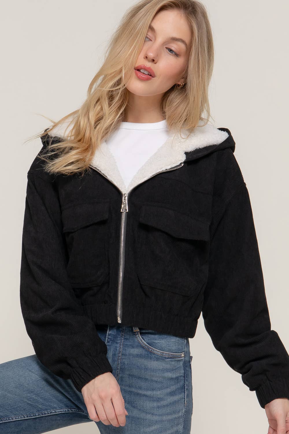 Long Sleeve Hoodie Inside Fur Corduroy Zip Up Jacket