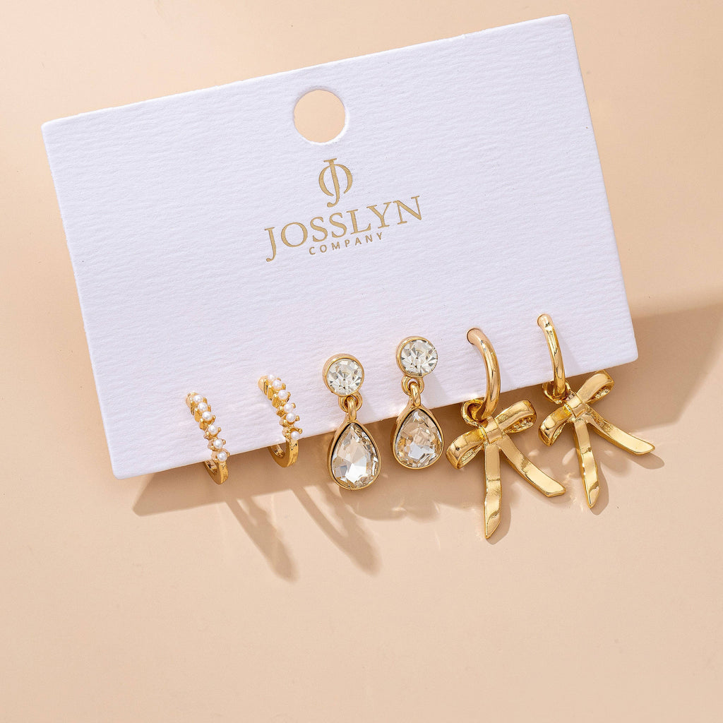 Pearl Crystal Teardrop Bow Trio Earring Set | 80E61791