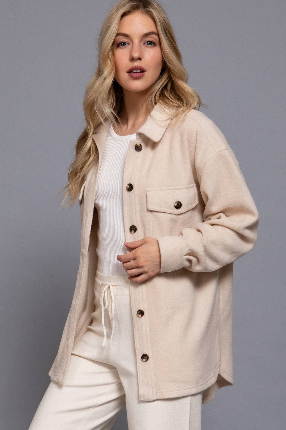 Long Sleeve Notched Collar Front Pocket Fleece Jacket