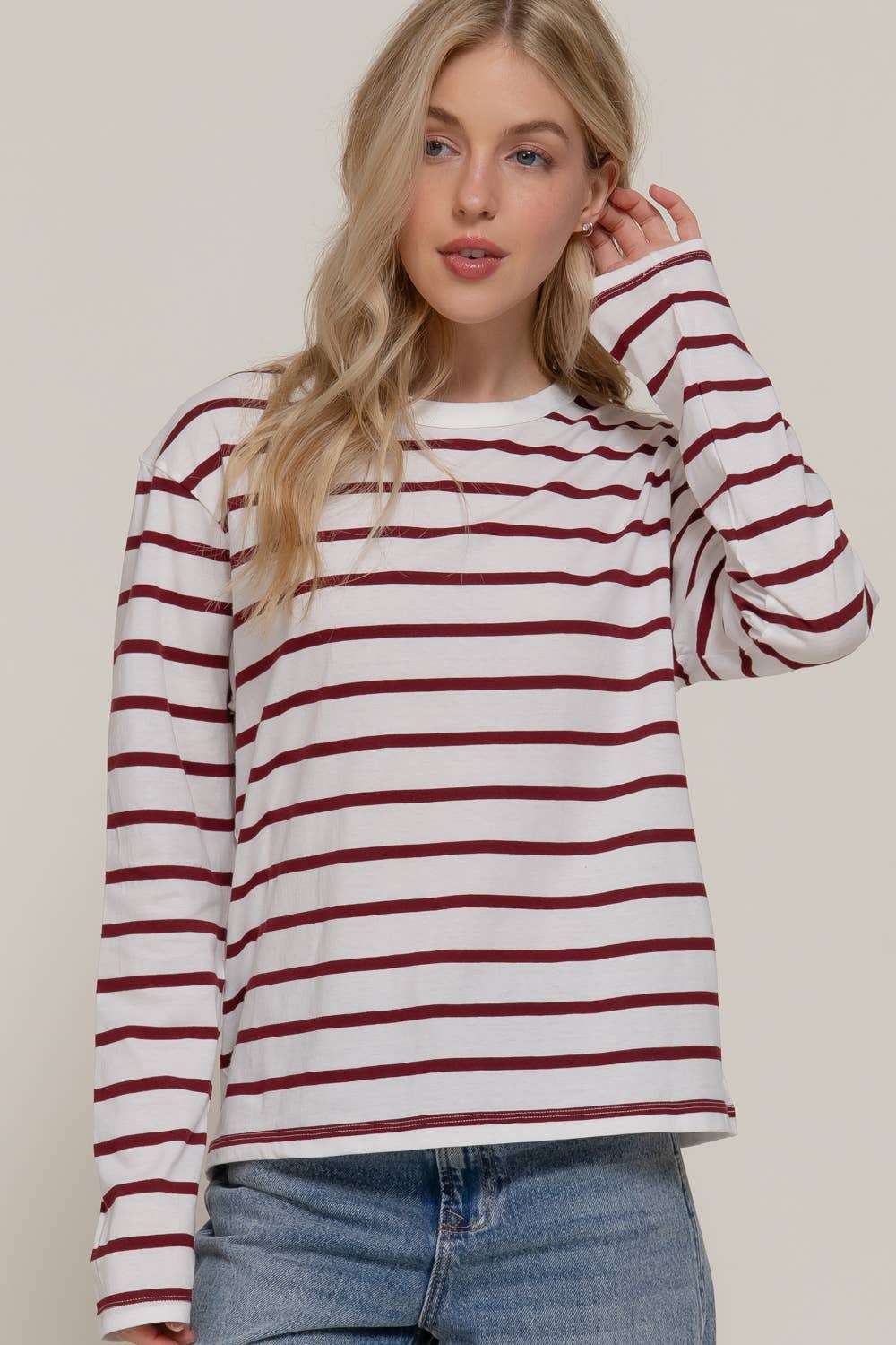 Long Sleeve Round Neck Neck Y/D Stripe Tee