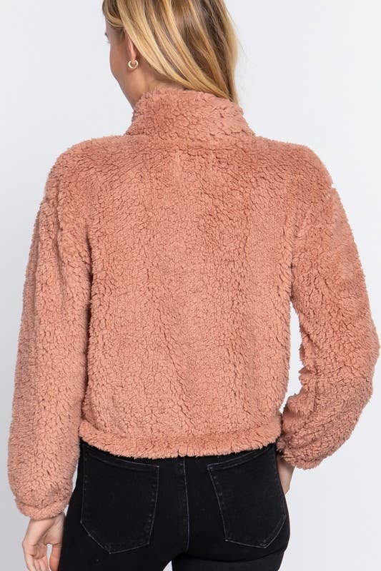 Long Sleeve Mock Neck Faux Fur Zip-up Jacket