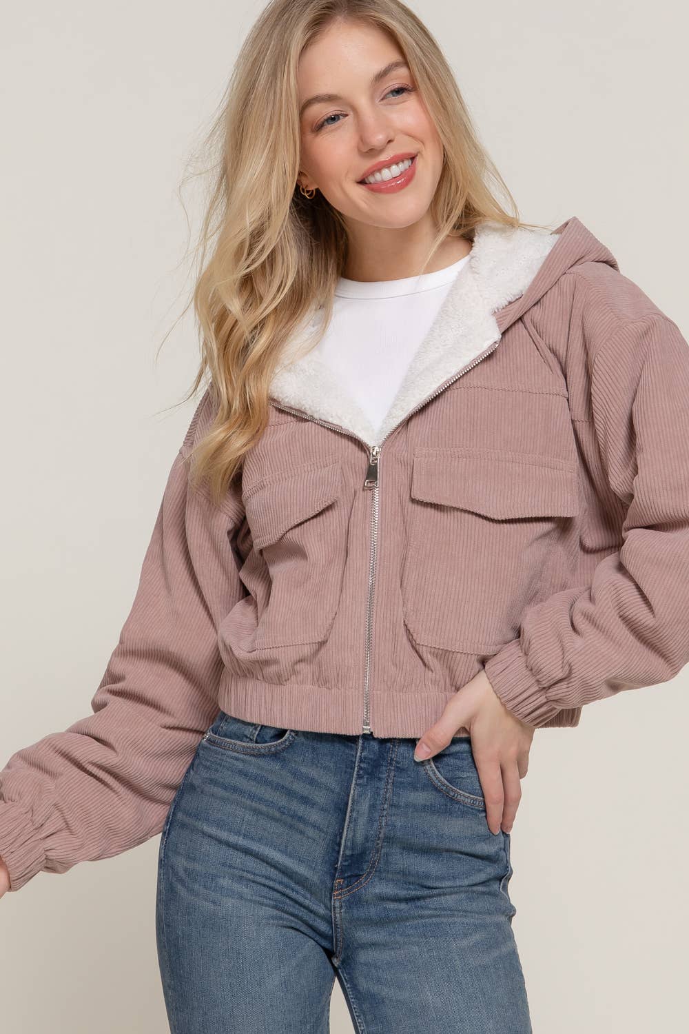 Long Sleeve Hoodie Inside Fur Corduroy Zip Up Jacket