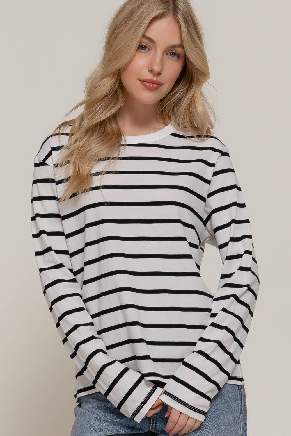 Long Sleeve Round Neck Neck Y/D Stripe Tee