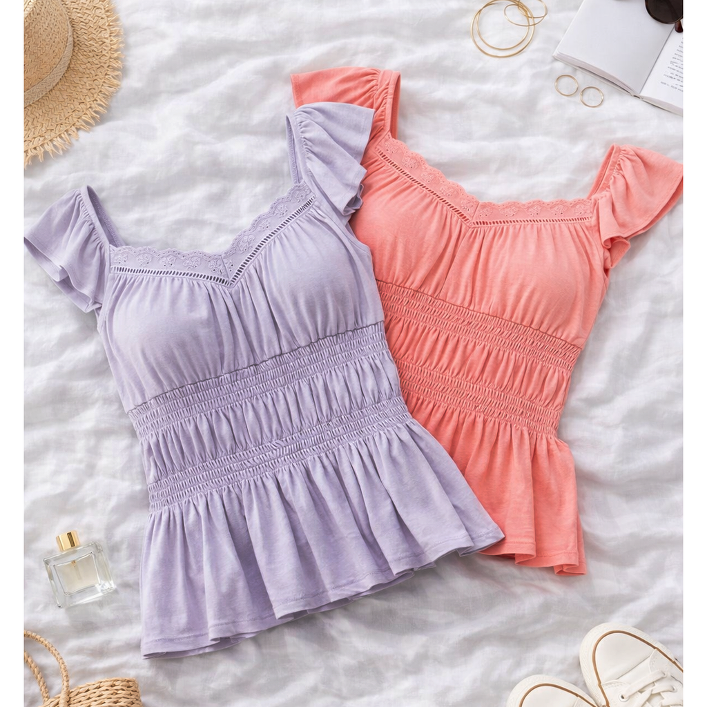 SMOCKED CAP SLEEVE PEPLUM TOP